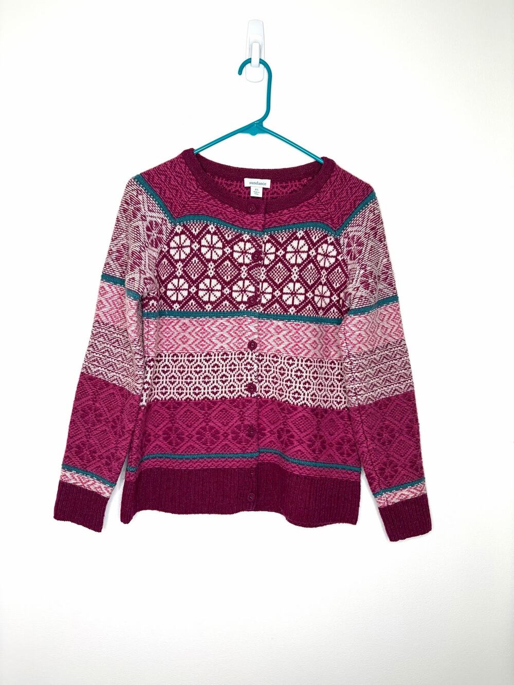 Sundance Fair Isle Cardigan Sweater XS Wool Blend Colorful Cabincore Cozy Boho